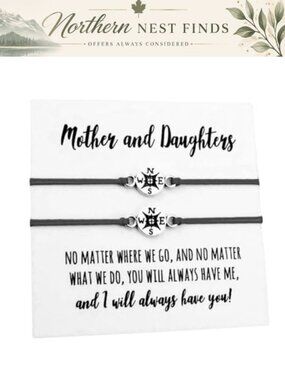Mother Daughter Wish Bracelets Set of 2 Compass Charm Handmade Wax Cord